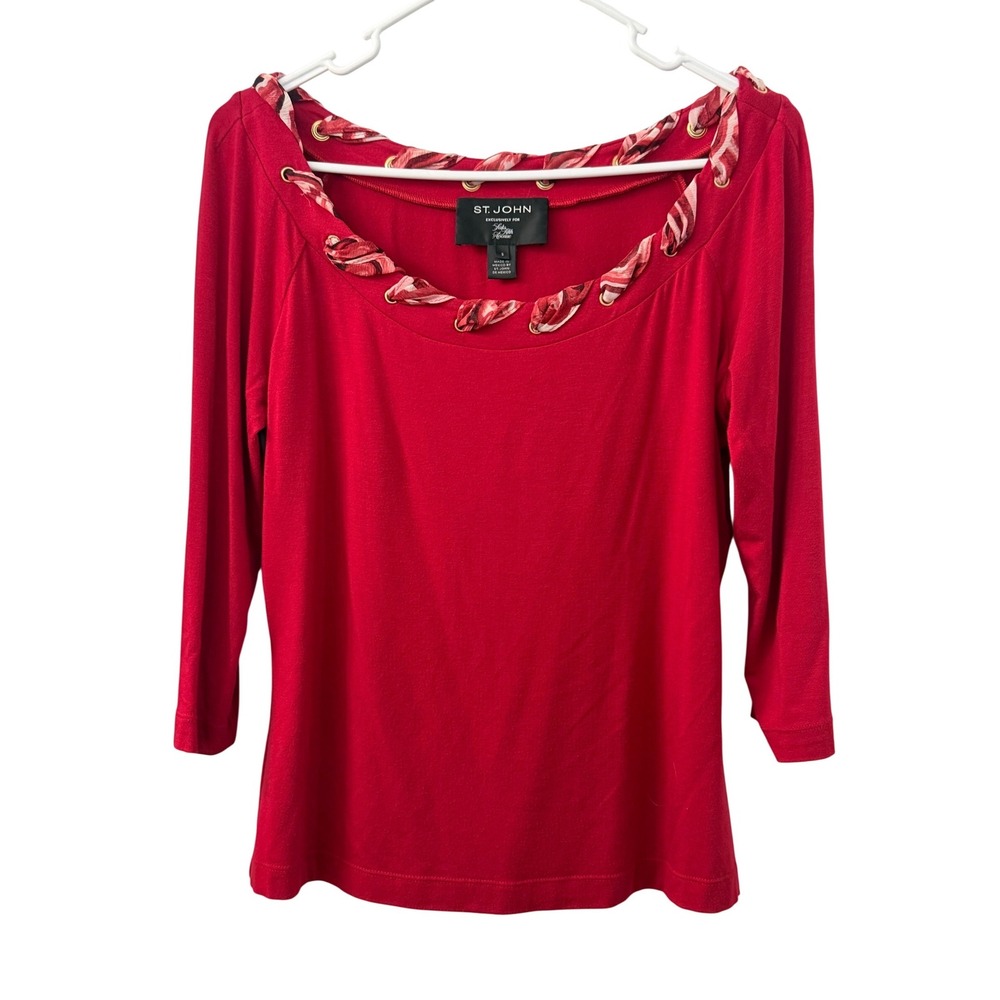 St. John Saks Fifth Avenue Red Scoop Neck Top Woven Trim 3/4 Sleeve‎ Small